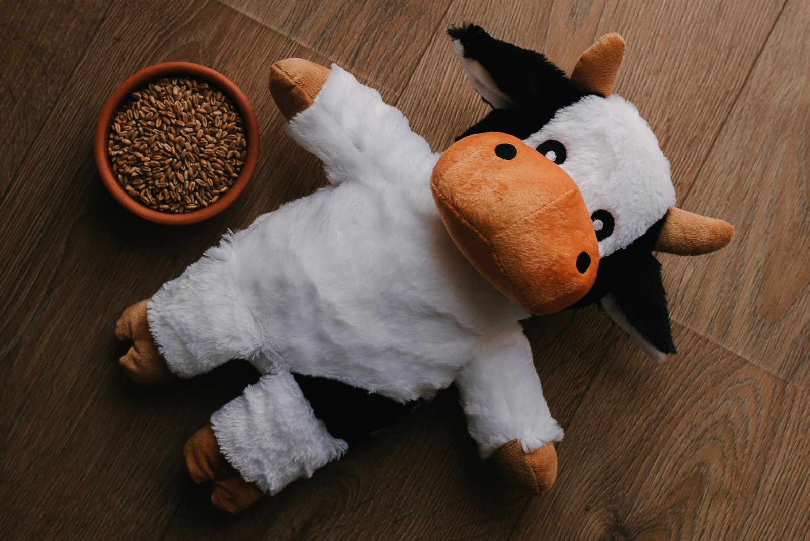 Bertha, de pittenzak-knuffel, op een houten vloer naast een schaaltje tarwe